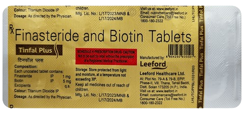 Close-up image of Tinfal Plus Tablet blister pack showing Finasteride 1mg and Biotin 5mg, used for male hairfall and hair regrowth, manufactured by Leeford Healthcare.