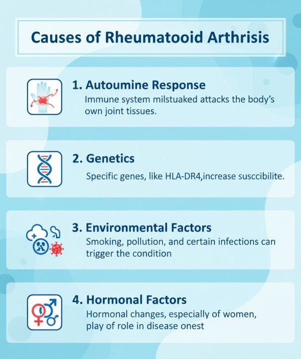 Vertical infographic showing the four main causes of Rheumatoid Arthritis: autoimmune response, genetics, environmental factors, and hormonal factors, with corresponding icons and brief descriptions on a clean blue and white background.