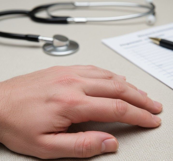 Realistic image of a human hand with swollen and inflamed joints affected by Rheumatoid Arthritis, placed on a soft medical background with subtle medical icons.