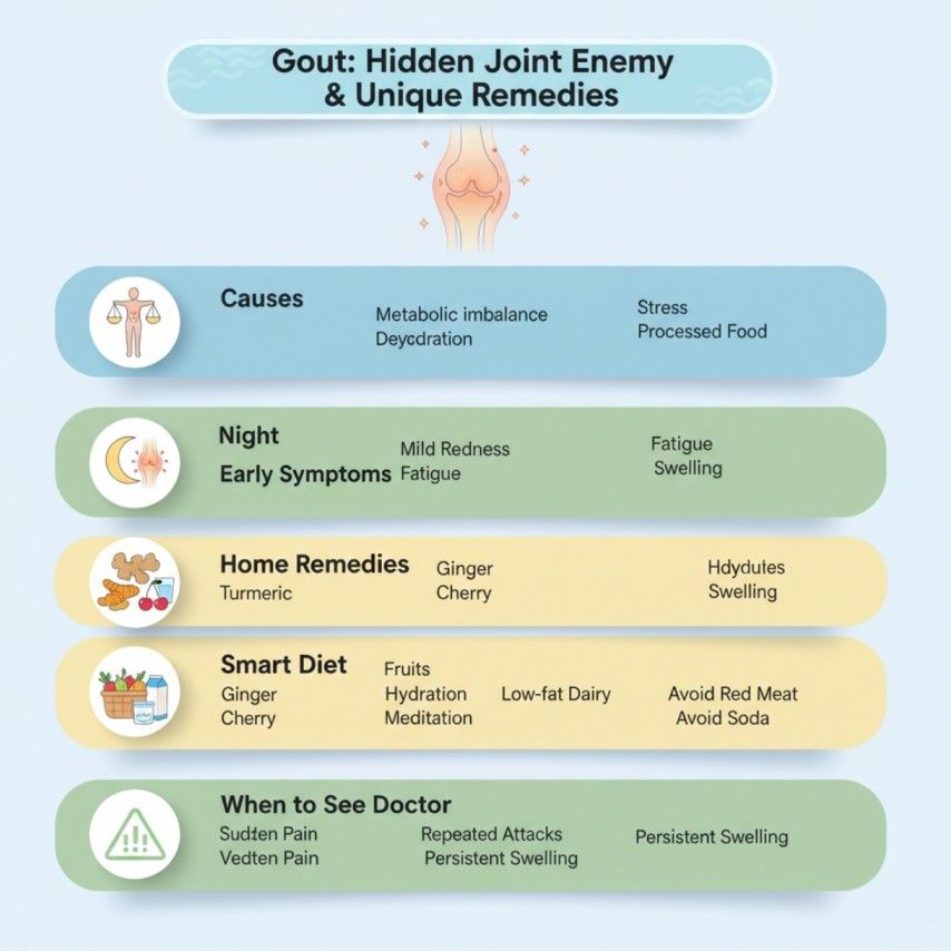 Infographic showing causes, symptoms, remedies, diet tips, and doctor advice for Gout with icons of joints, yoga, and healthy food.